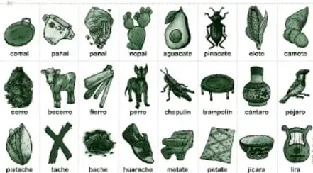 Fichas recortables en tres filas de ocho con dibujos y su palabra: comal, panel, panal, nopal, aguacate, pinacate, elote, camote; cerro, becerro, fierro, perro, chapulín, trampolín, cántaro, pájaro; pistache, tache, bache, huarache, metate, petate, jícara, lira.