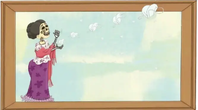 Obra enmarcada de una catrina con vestido morado y rebozo rosa, sobre fondo de nubes y mariposas blancas. Crédito: Maya Selene García López, Ciudad de México.