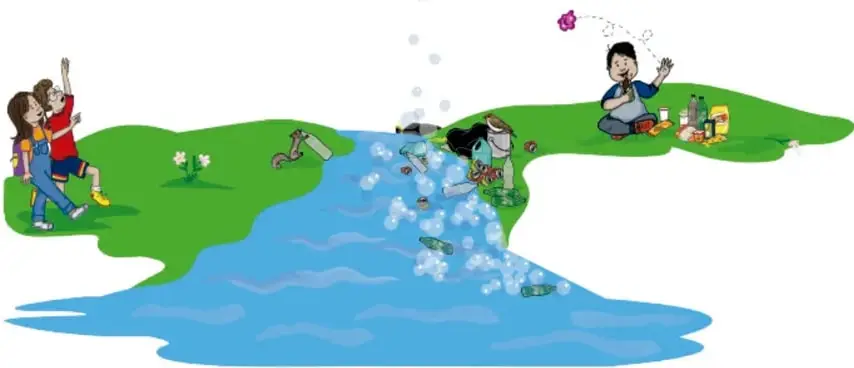 Ilustración de un río con espuma y botellas de plástico flotando; a la izquierda, dos niños (Ana y Antonio) caminan por el bosque; a la derecha, una persona sentada junto a residuos. Obra de Ana Lucía Zamudio González.