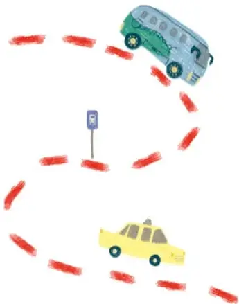 Ilustración de un autobús y un taxi recorriendo un camino punteado en rojo, con una parada de autobús.