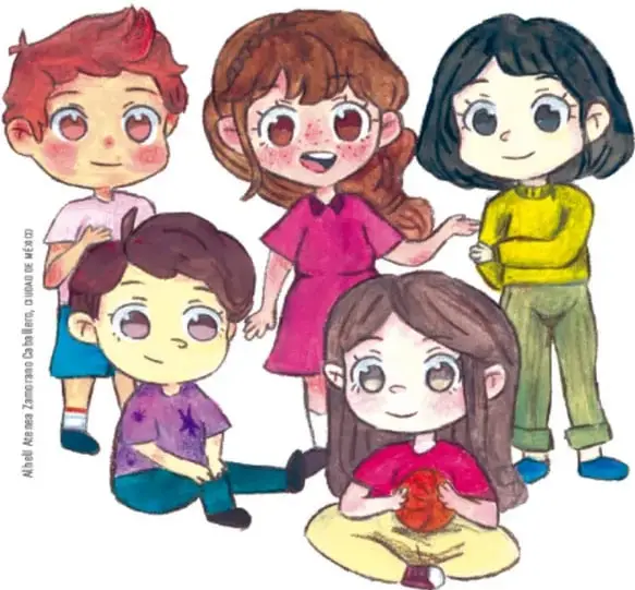 Ilustración de cinco niños y niñas sentados y de pie, representando una comunidad escolar.