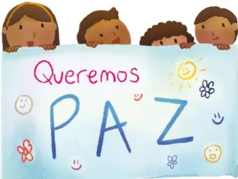 Ilustración de cuatro niños y niñas asomados sobre un cartel que dice 'Queremos PAZ', con dibujos de sol, flores y caritas sonrientes. Crédito: Karina Eréndira Pérez Olmos, Michoacán.