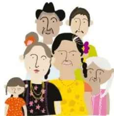 Ilustración de un grupo numeroso: abuelos, papás, niños y una abuelita, todos juntos en la misma casa.