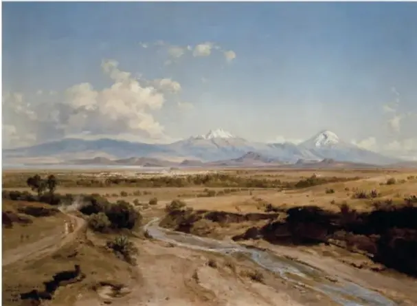 Reproducción del cuadro 'Valle de México desde el Tepeyac' (1891): vista amplia del valle con volcanes nevados al fondo, cielo con nubes y vegetación en primer plano.