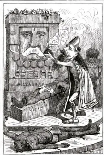 Ilustración satírica que muestra a un personaje con un gran bigote (caricatura de Porfirio Díaz) junto a una tumba o monumento con la palabra 'SUFRAGIO' y figuras oprimidas, representando la represión y la falta de democracia.
