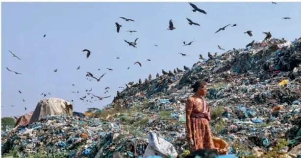 Fotografía de un tiradero o basurero a cielo abierto con gran cantidad de residuos, aves volando y una persona de pie entre la basura, lo que ilustra la contaminación y sus efectos en el ambiente.