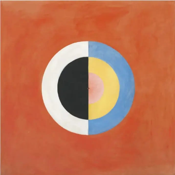 Reproducción de 'El cisne, núm. 17' (1920) de Hilma af Klint. Composición circular sobre fondo naranja-rojizo: mitad izquierda con semicírculo negro sobre blanco; mitad derecha con semicírculo rosa sobre amarillo y anillo azul exterior.