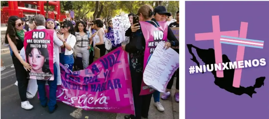 Fotografía de una marcha: personas cargan pancartas y mantas moradas/rosas con frases como 'NO ME OLVIDEN, FALTO YO' (imagen de una joven desaparecida) y 'Vivas nos queremos' / '#NIUNXMENOS' con 'Justicia'.