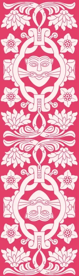 Ilustración decorativa vertical en color rosa con motivos florales y geométricos de inspiración prehispánica; en el centro aparecen dos rostros estilizados enmarcados por grecas y flores.