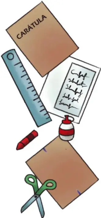 Ilustración de los materiales: cartón con la palabra CARÁTULA, regla, hoja con canción manuscrita, crayón rojo, botella de pegamento, tijeras y cartón con marcas.