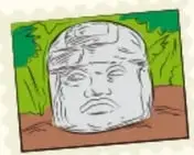 Ilustración tipo estampilla de una cabeza olmeca colosal entre vegetación.