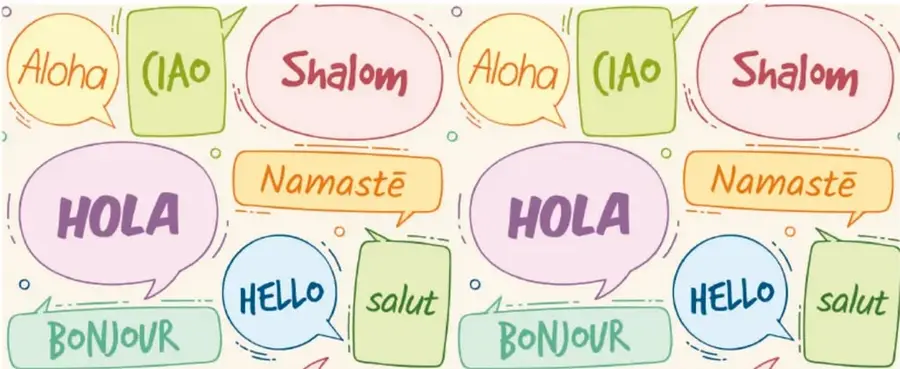 Ilustración con globos de diálogo de colores que contienen saludos en distintos idiomas: Aloha, Kia Ora, Shalom, HOLA, Namastē, HELLO, BONJOUR y salut, representando la diversidad cultural de la comunidad.