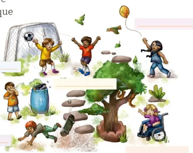 Ilustración de un parque con siete personajes mostrando distintas emociones (fútbol, salto, globo, silla de ruedas, basura, resbalón y caída), con espacios en blanco para escribir la emoción de cada uno. Ilustración de Diana Anahí Sainz Villarreal, Baja California.