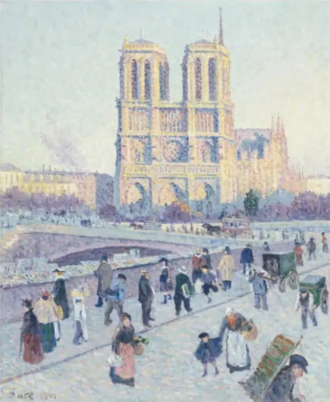 Pintura puntillista *Quai Saint-Michel y Notre-Dame* de Maximilien Luce: vista de Notre-Dame y el Sena con figuras caminando.