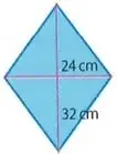 Rombo dividido por sus diagonales, con semidiagonales de 16 cm y 12 cm, junto a un triángulo rectángulo utilizado para hallar el lado.