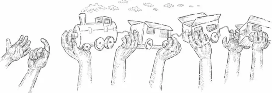 Ilustración de manos sosteniendo piezas de un tren de juguete, simbolizando la unión de las piezas del proyecto.