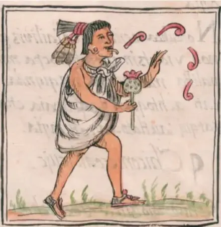 Ilustración estilo códice: hombre indígena náhuatl con penacho de plumas, cargando flechas y un objeto floreado, rodeado de glifos musicales (signos de quiasma/arreglo de canto) sobre fondo de texto manuscrito antiguo.