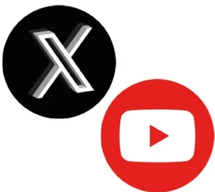 Iconos de la plataforma X (antes Twitter) y YouTube, representando redes sociales.