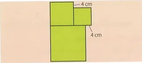Tres cuadrados verdes de distintos tamaños, con dos diferencias de 4 cm señaladas.