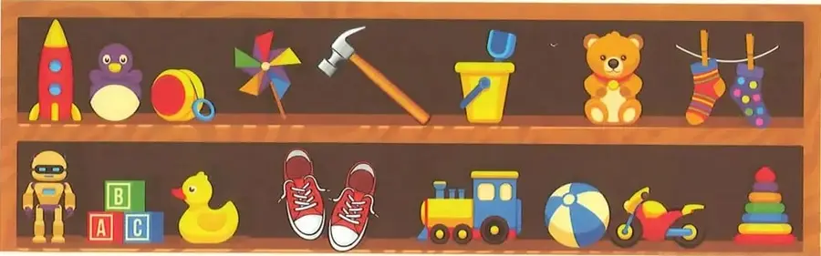 Estante ilustrado con diversos juguetes y dos objetos que no corresponden a una juguetería: un martillo y unas medias.