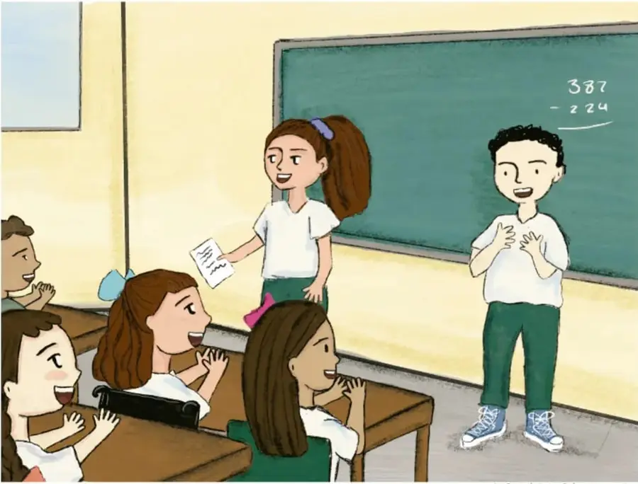 Ilustración de un aula con niñas y niños sentados en sus bancas formando un círculo de diálogo; una niña de pie sostiene una hoja y un niño de pie habla frente al pizarrón verde, donde está escrita la resta 387 - 224. Crédito: Luz Fernanda Jacinto Rodero, Ciudad de México.
