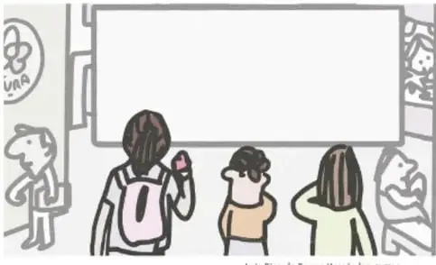 Ilustración de tres estudiantes de espaldas frente a un pizarrón blanco; uno lleva mochila rosa y otro sostiene un objeto. Al fondo hay dibujos y el logotipo URA. Crédito: Luis Ricardo Ramos Hernández, Puebla.