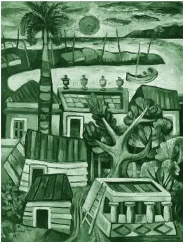 Reproducción de la pintura 'Paisaje cubano' (1943) de Mario Carreño: poblado a la orilla del mar con casas rojas, anaranjadas, azules y verdes, una palmera alta, árboles, una lancha, un sol brillante y nubes oscuras.