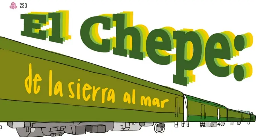 Ilustración en tonos verdes y amarillos de un tren moderno con vagones largos, que atraviesa la página en diagonal; el título «El Chepe: de la sierra al mar» en letras grandes.