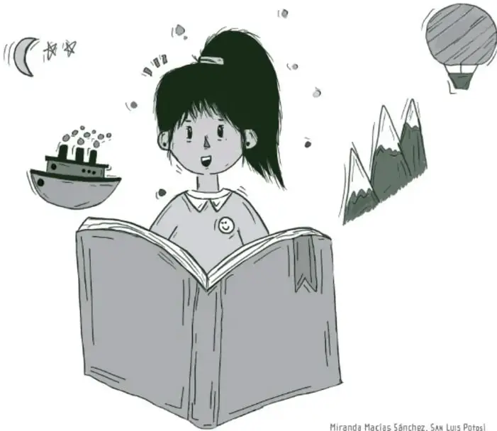 Ilustración de una niña leyendo un libro grande; a su alrededor flotan elementos como una luna, un barco, montañas y un globo aerostático, representando la imaginación que despierta la lectura.