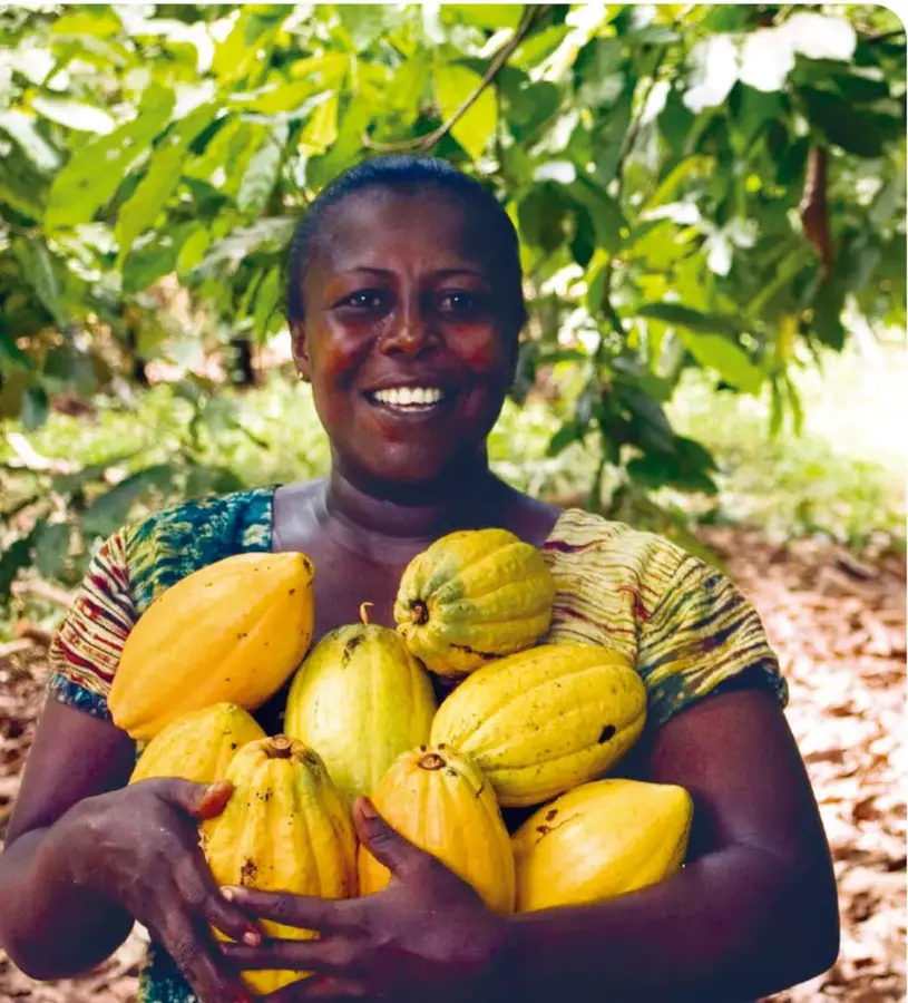 Fotografía de una mujer sonriente, con vestido de mangas coloridas, sosteniendo en los brazos seis o siete mazorcas amarillas de cacao; detrás, árboles de cacao.