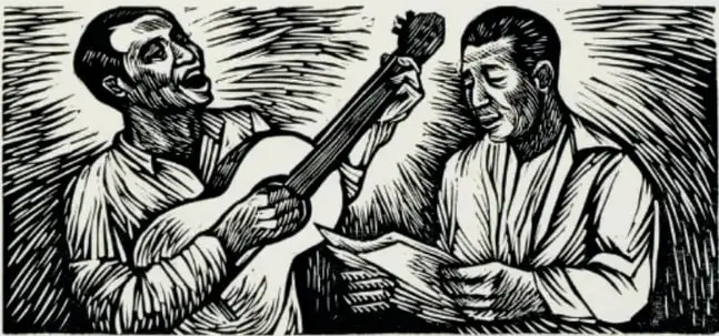 Grabado de dos hombres cantando; uno toca guitarra y el otro sostiene un papel.