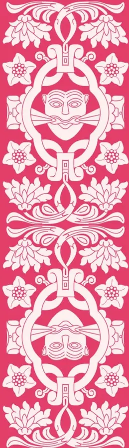 Banda vertical decorativa magenta con motivos florales simétricos estilizados y dos rostros prehispánicos enmarcados, inspirados en el arte mesoamericano.