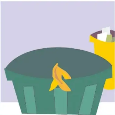 Cáscara de plátano dentro de un bote de basura verde.