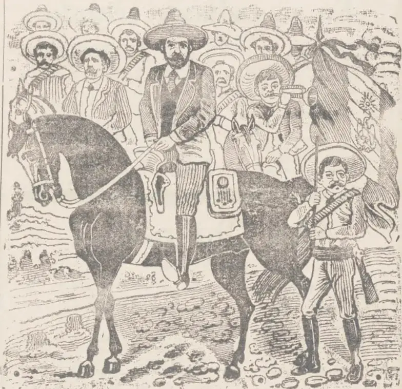 Grabado en blanco y negro: un jinete con traje y sombrero de ala ancha monta un caballo; a su alrededor, tropas revolucionarias con sombreros y un abanderado que porta la bandera nacional. Al fondo, paisaje árido con nopales y cerros.