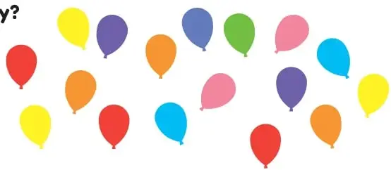 Colección de 17 globos de colores (amarillos, morados, azules, verdes, rosados, rojos, naranjos y celestes) distribuidos libremente sobre el espacio del ejercicio.