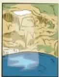 Ilustración de un paisaje con agua y montañas.