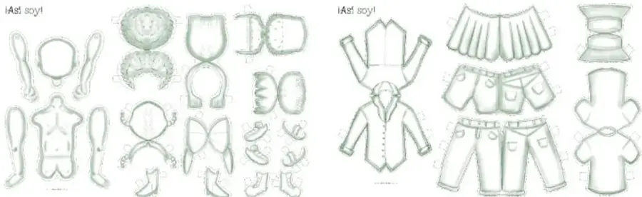 Dos plantillas «¡Así soy!»: piezas recortables de una silueta humana (cabeza, tronco, brazos, piernas) con peinados, y múltiples prendas y accesorios personalizables (suéter, camisa, falda plisada, pantalón de mezclilla, botas, zapatos, sombreros).