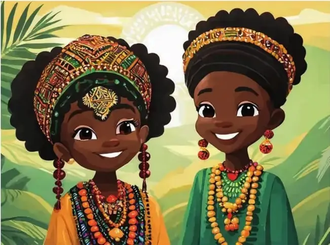 Ilustración de dos niñas africanas sonrientes con turbantes coloridos con patrones tradicionales, vestimenta verde y naranja, y múltiples collares de cuentas brillantes.