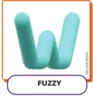 Letra 'W' grande con textura peluda turquesa, dentro de una tarjeta con borde naranja, etiqueta 'FUZZY'.