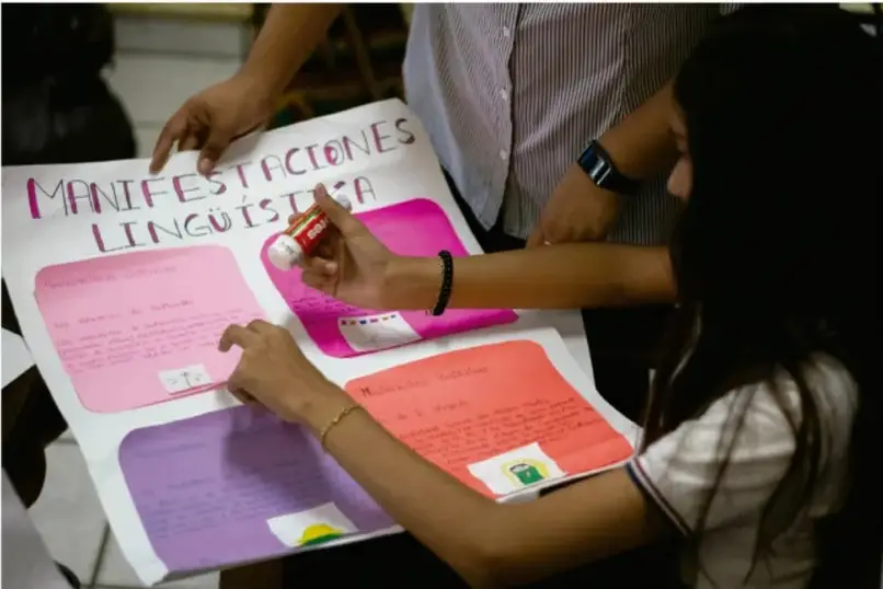 Estudiantes preparando un cartel titulado "MANIFESTACIONES LINGÜÍSTICAS" con fichas de colores, ilustrando la preparación de la presentación del glosario.