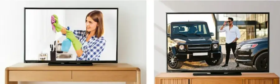Televisor que muestra a una mujer limpiando con guantes y productos de limpieza.
