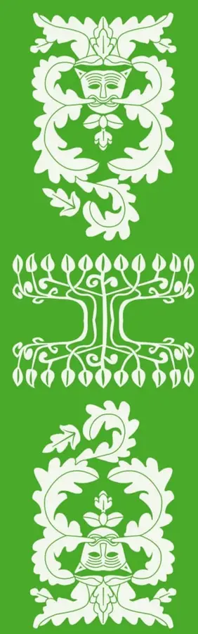 Tres ilustraciones ornamentales en blanco sobre fondo verde: una máscara con follaje arriba, un árbol estilizado con ramas y raíces en el centro, y otra máscara con follaje abajo; estilo de arte popular mexicano.