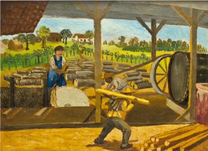 Pintura de Ramón Cano Manilla que muestra a peones trabajando en un aserradero dentro de la hacienda Rincón de la Miel, Veracruz, en 1929.