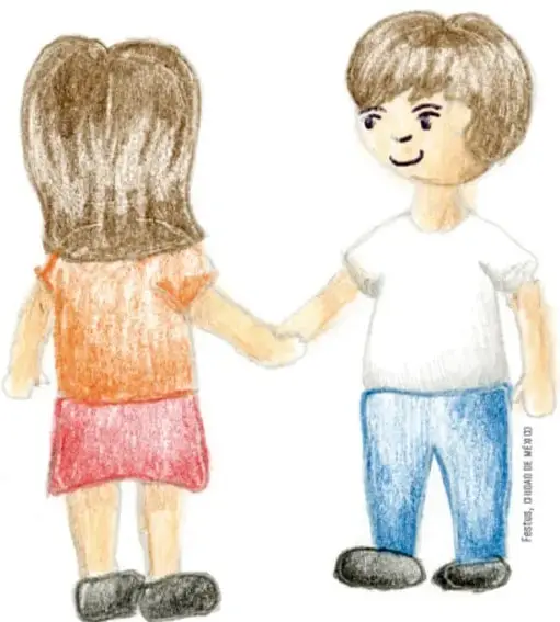 Un niño y una niña tomados de la mano, sonrientes, representando amistad y convivencia.