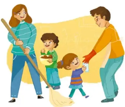 Ilustración de una familia en casa: madre barriendo, padre y niña limpiando, niño con un plato. Crédito: Tania Edith Juárez Ceciliano, Ciudad de México.
