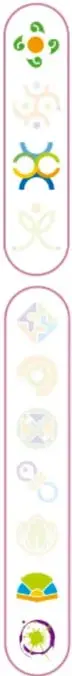 Franja vertical con pequeños íconos decorativos de distintos lenguajes artísticos (danza, música, teatro, letras).