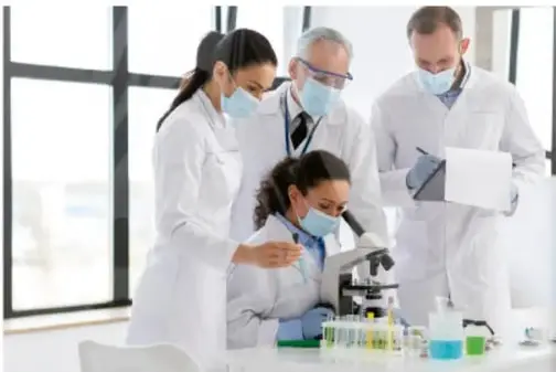 Fotografía de cuatro investigadores con batas blancas y mascarillas en un laboratorio; una de ellas observa a través de un microscopio mientras los demás revisan documentos y muestras.