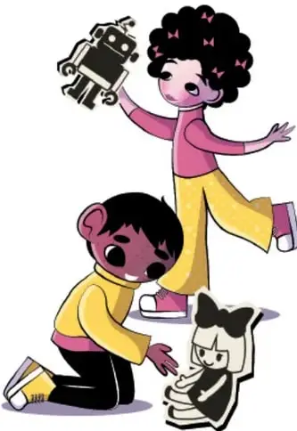 Ilustración de una niña y un niño jugando con un robot y una muñeca, con crédito a Esperanza Mendoza Bravo, Puebla.