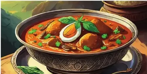 Ilustración de un plato de curry con un huevo cocido y hierbas.