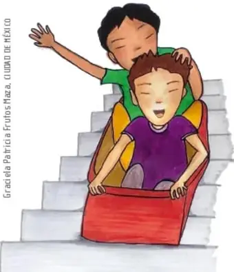 Ilustración de dos niños bajando las escaleras sentados en una caja, de Graciela Patricia Frutos Maza, Ciudad de México.